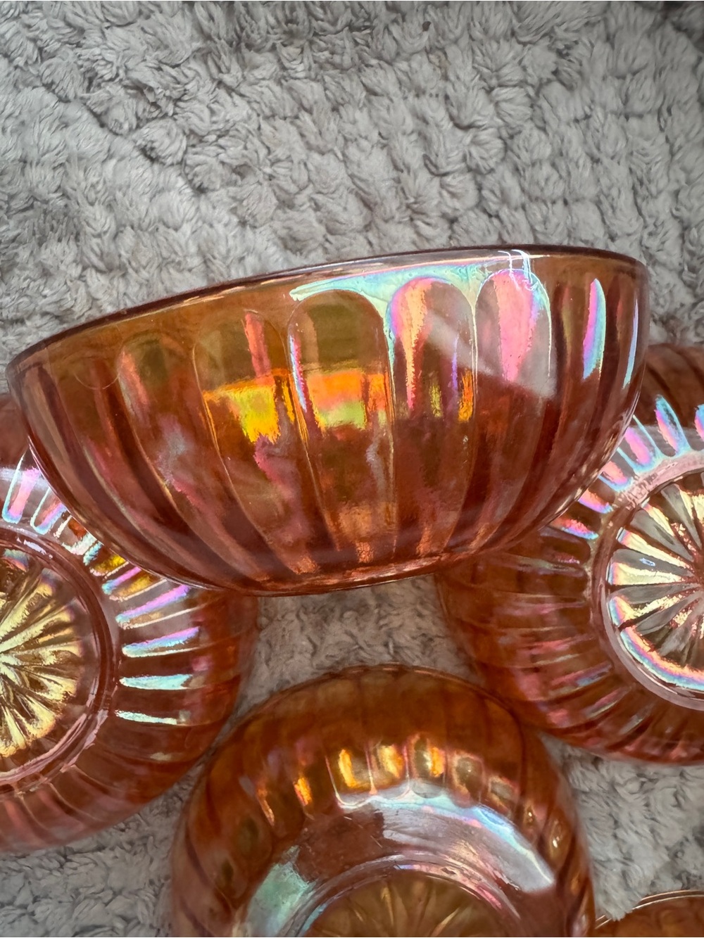 Vtg. Marigold Carnival Glass Berry Bowl Set Iridescent Peach Lustre Glass Set 6